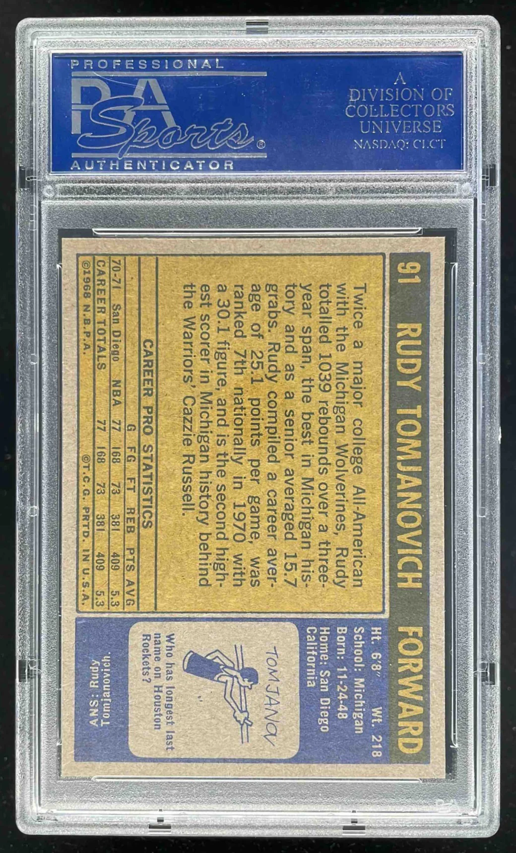 1971-72 Topps #91 Rudy Tomjanovich RC PSA 9 - Image 2