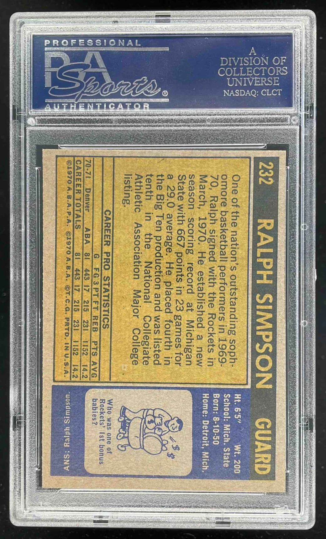 1971-72 Topps #232 Ralph Simpson RC PSA 8 - Image 2