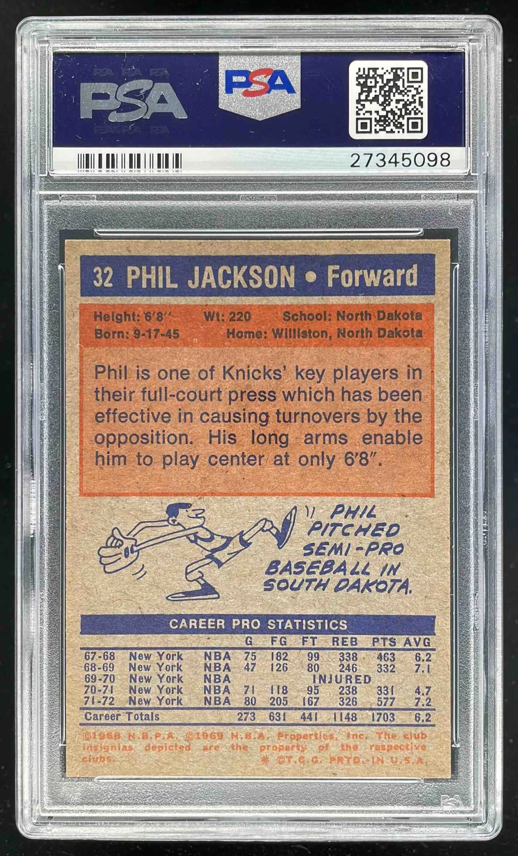 1972-73 Topps #32 Phil Jackson RC PSA 8 - Image 2