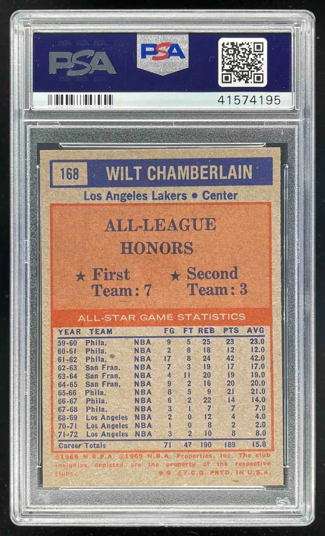 1972-73 Topps #168 Wilt Chamberlain All-Star PSA 8 - Image 2