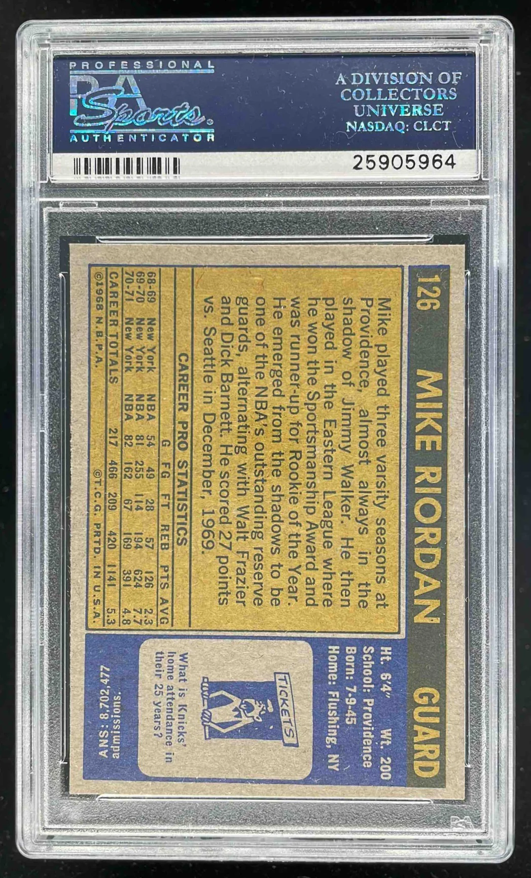 1971-72 Topps #126 Mike Riordan PSA 8 - Image 2