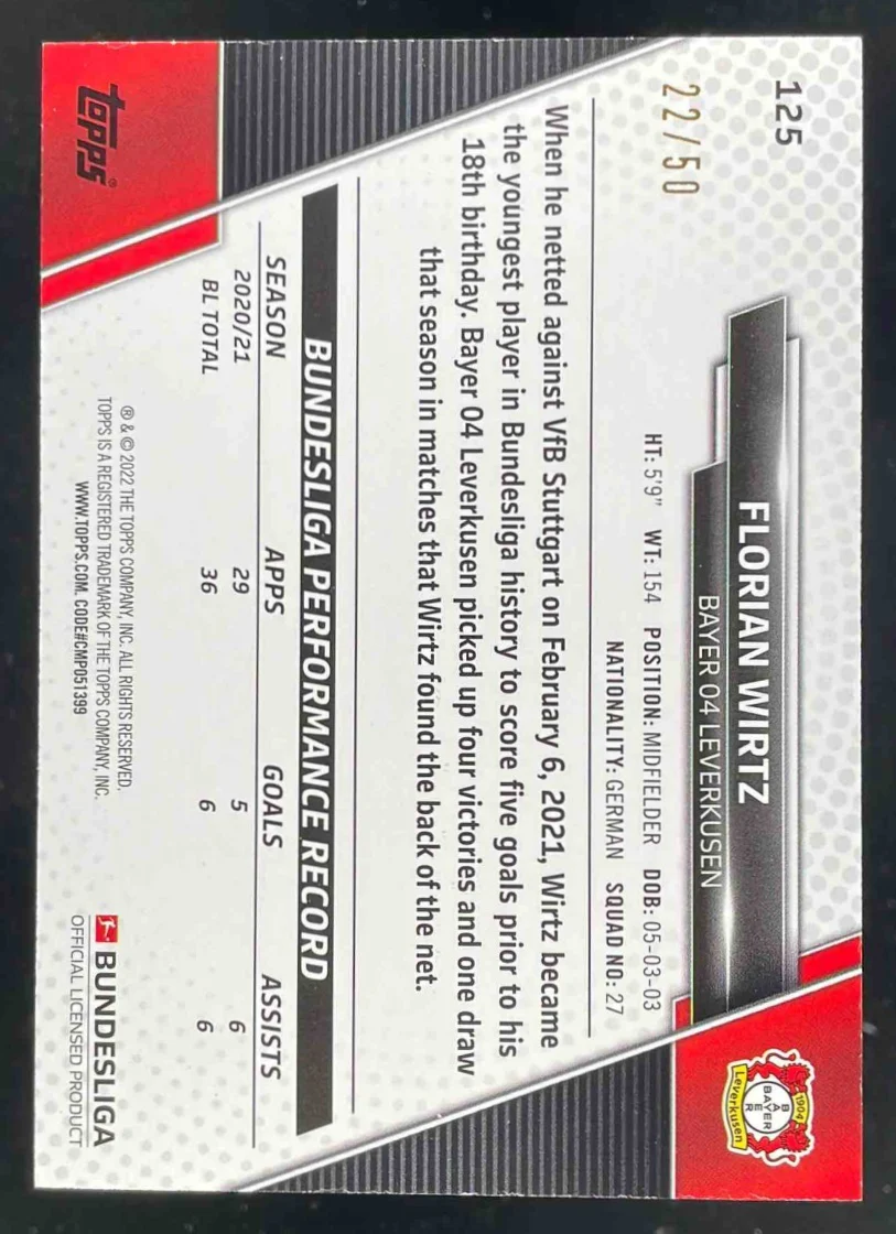 2021 Topps Bundesliga Gold Foilboard #125 Florian Wirtz /50 - Image 2