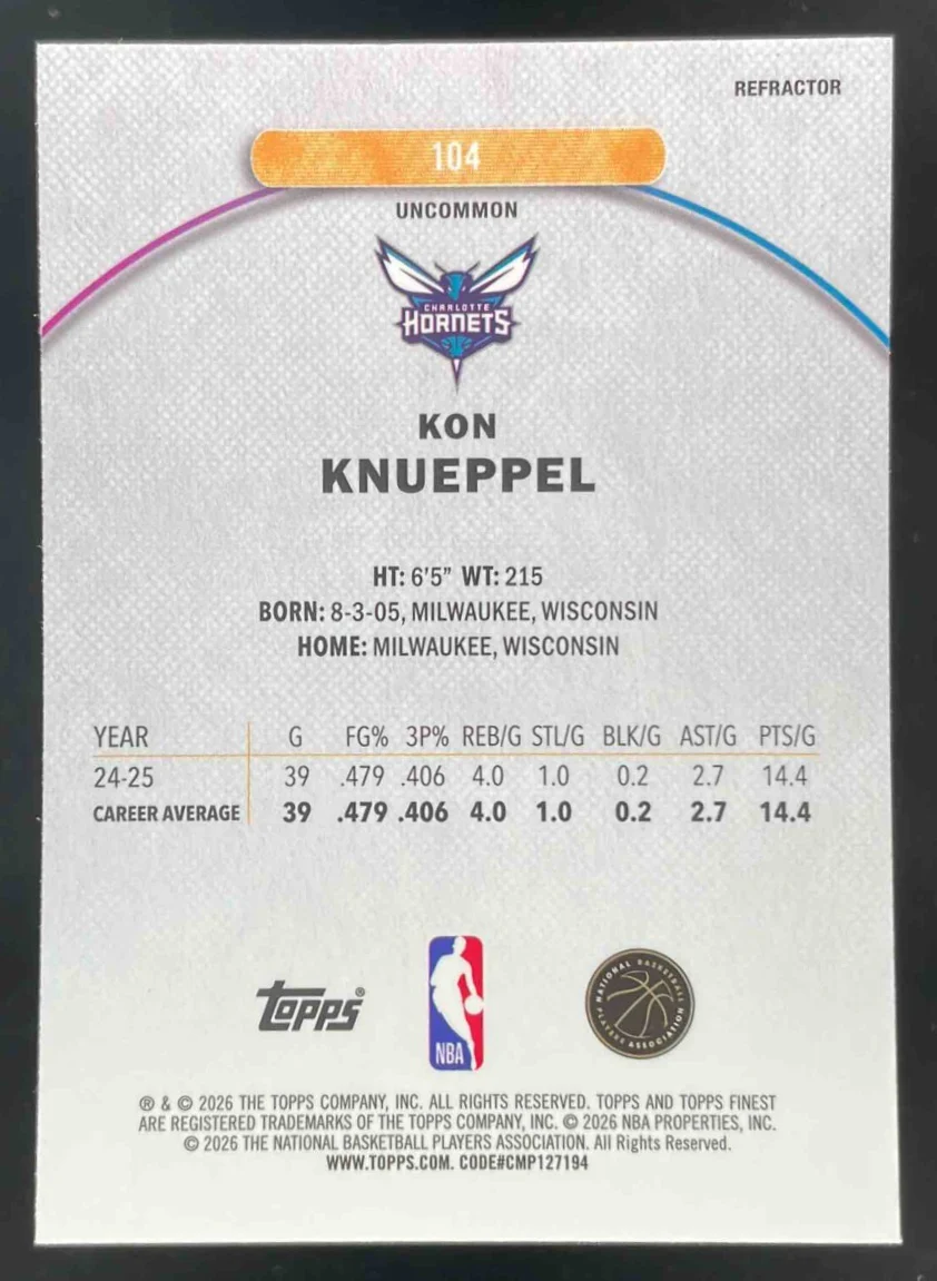 2025-26 Topps Finest Uncommon Refractor #104 Kon Knueppel RC - Image 2