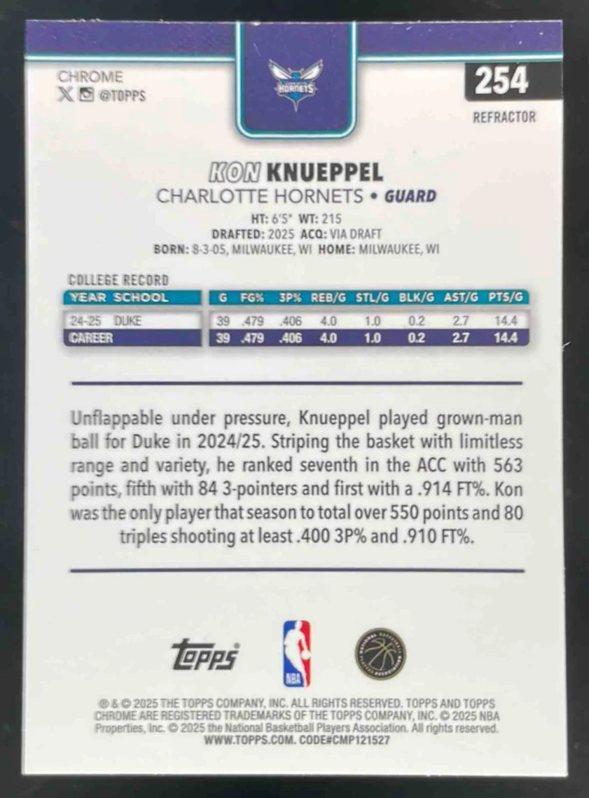 2025-26 Topps Chrome Refractor #254 Kon Knueppel RC - Image 2