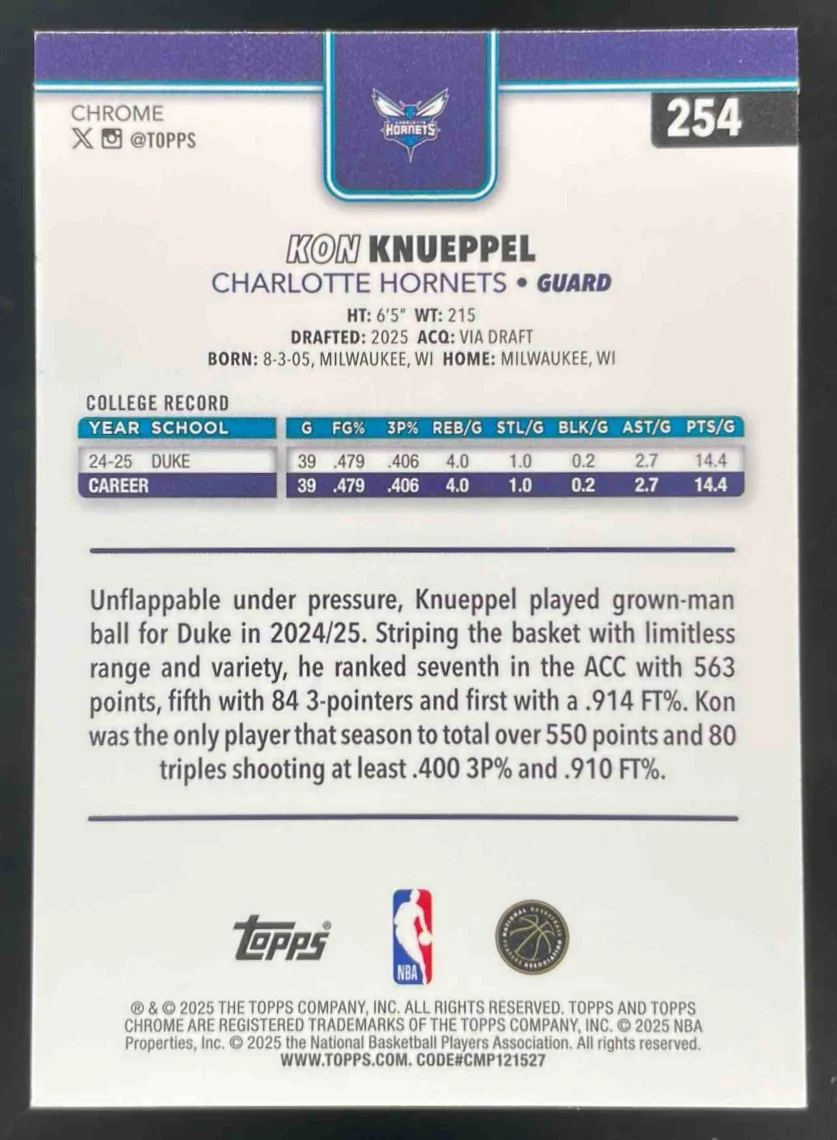 2025-26 Topps Chrome Red, White & Blue Refractor #254 Kon Knueppel RC - Image 2