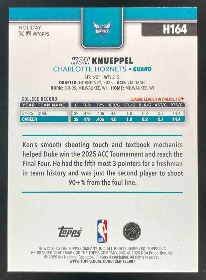 2025-26 Topps Holiday Blue Metallic Glitter Holiday #H164 Kon Knueppel RC - Image 2