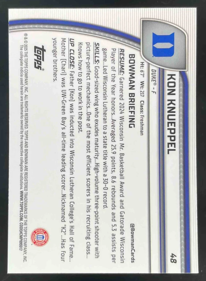 2024-25 Bowman University Chrome Sapphire #48 Kon Knueppel - Image 2
