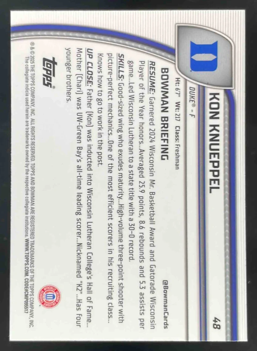 2024-25 Bowman University Chrome Sapphire #48 Kon Knueppel - Image 2