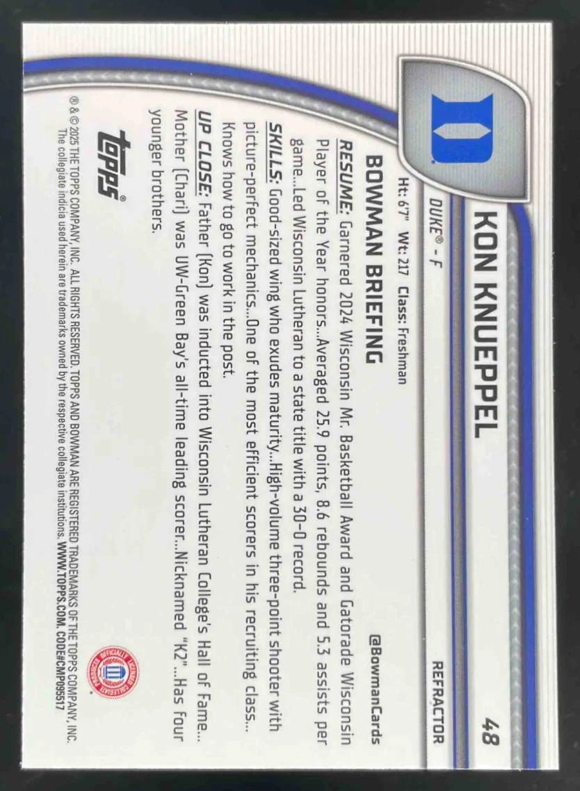 2024-25 Bowman University Chrome Refractor #48 Kon Knueppel - Image 2