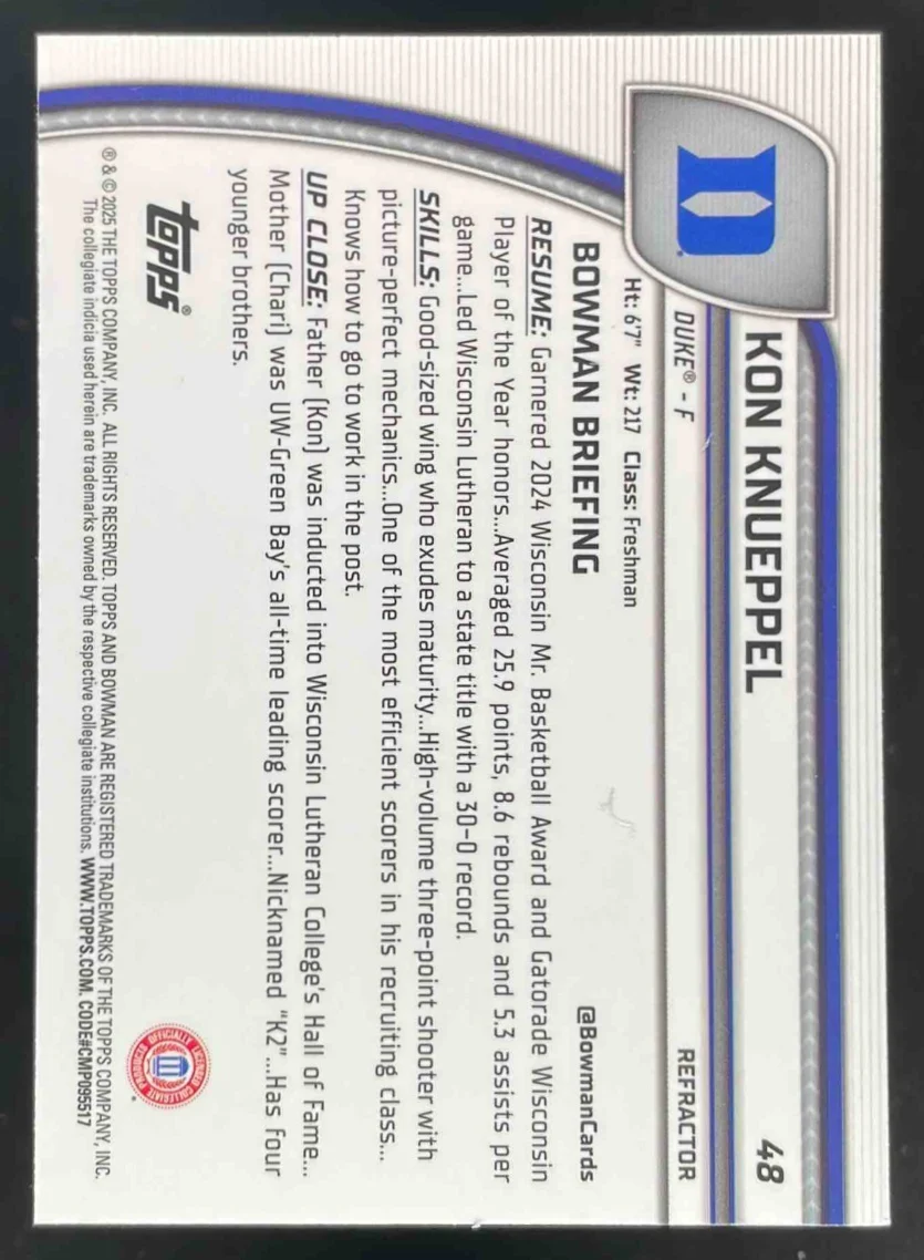 2024-25 Bowman University Chrome Refractor #48 Kon Knueppel - Image 2