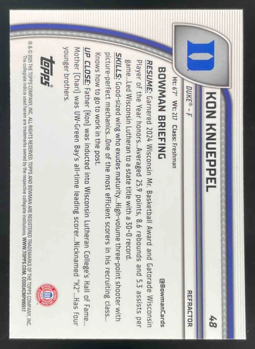 2024-25 Bowman University Chrome Refractor #48 Kon Knueppel - Image 2