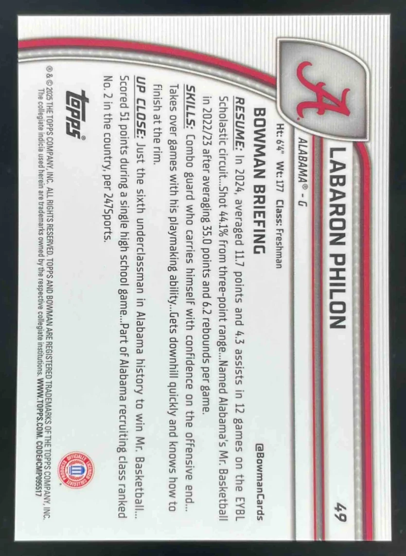 2024-25 Bowman University Chrome Reptilian Orange #49 Labaron Philon /25 - Image 2