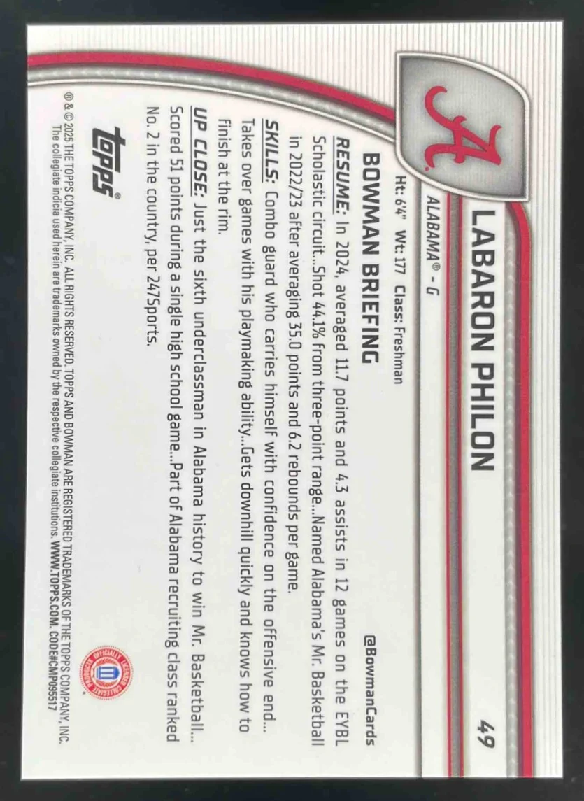 2024-25 Bowman University Chrome Black and Gold Stealth #49 Labaron Philon /24 - Image 2