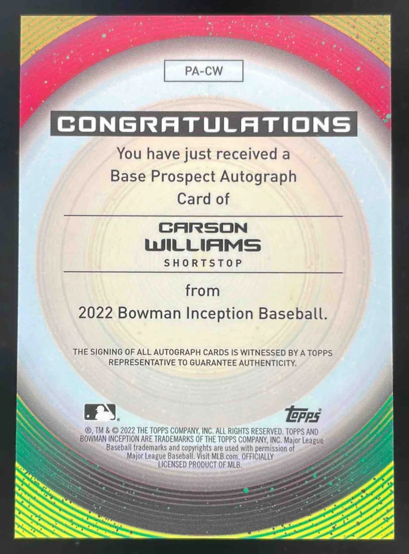 2022 Bowman Inception Orange Foil #PA-CW Carson Williams Auto /25 - Image 2