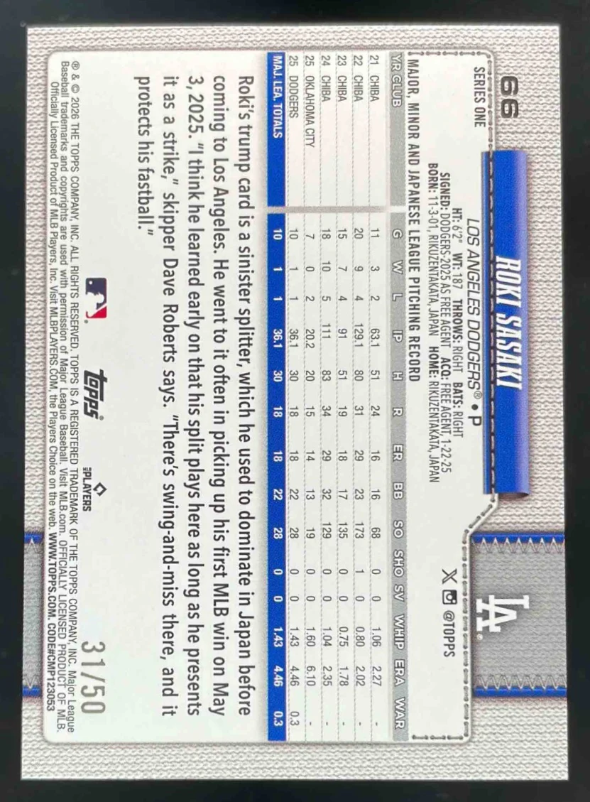 2026 Topps Gold Rainbow Foil #66 Roki Sasaki Future Stars /50 - Image 2