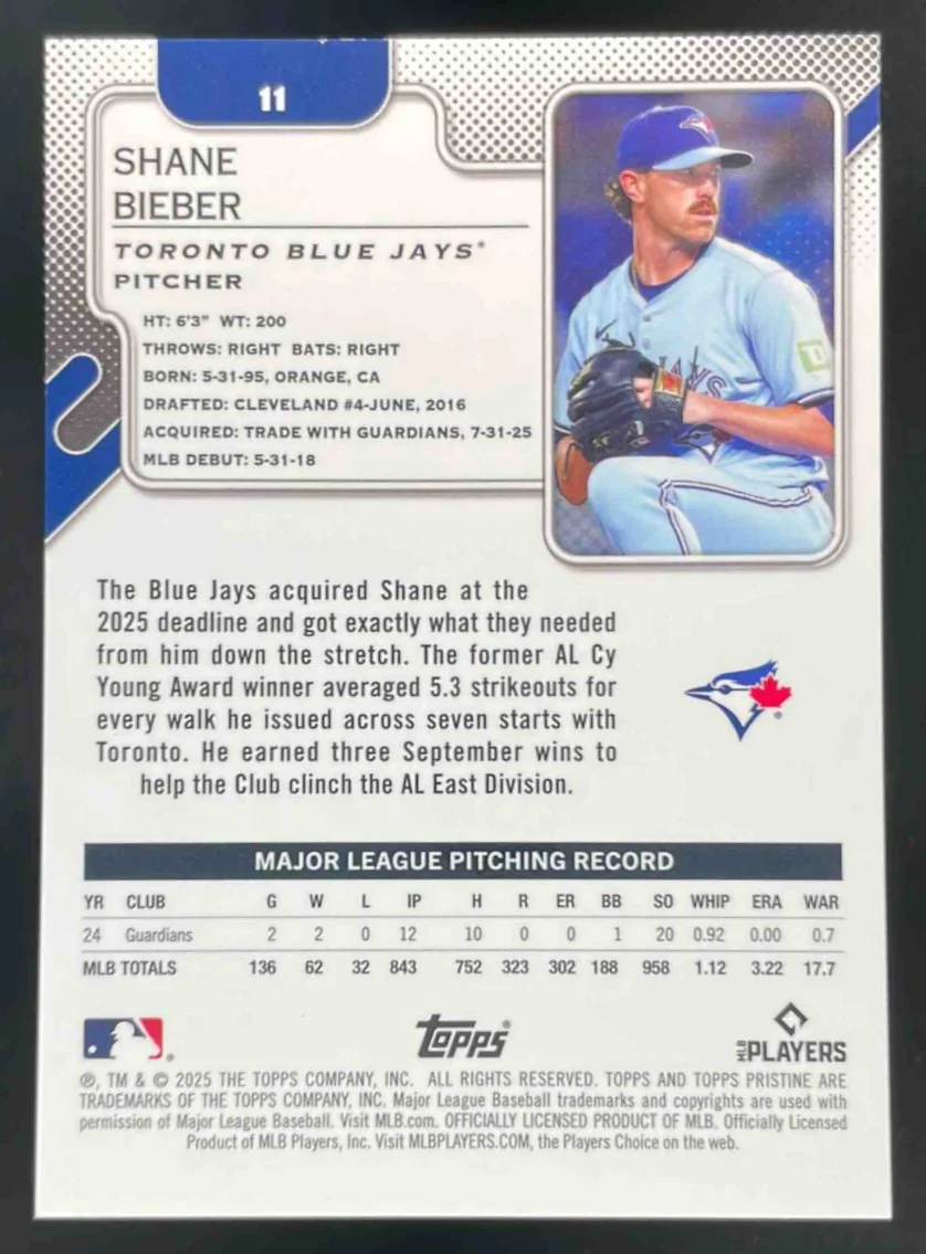 2025 Topps Pristine Orange Refractor #11 Shane Bieber /25 - Image 2