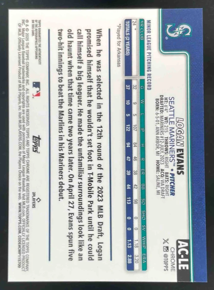 2025 Topps Chrome Blue RayWave #AC-LE Logan Evans RC Auto /150 - Image 2