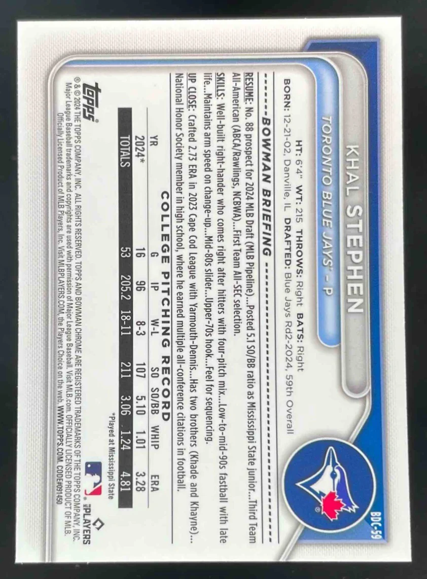 2024 Bowman Draft Sapphire Chrome Gold Sapphire #BDC-59 Khal Stephen RC /50 - Image 2