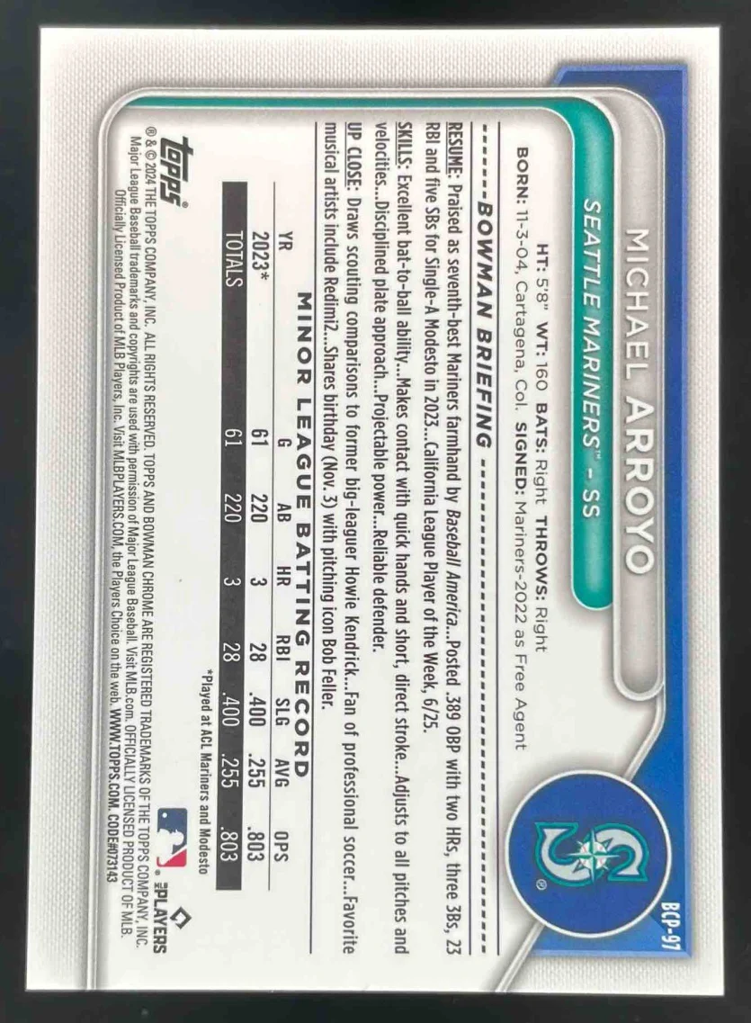 2024 Bowman Sapphire Chrome Orange Sapphire #BCP-97 Michael Arroyo /25 - Image 2