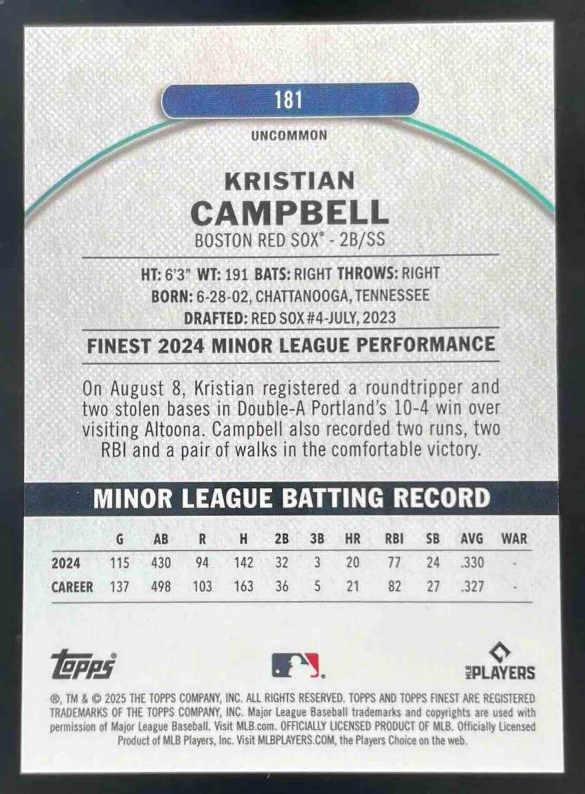 2025 Topps Finest Uncommon Green Refractor #181 Kristian Campbell RC /35 - Image 2