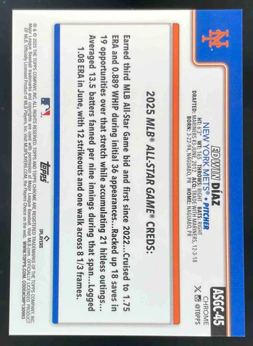 2025 Topps Chrome 2025 All-Star Game Orange #ASGC-45 Edwin Diaz /25 - Image 2