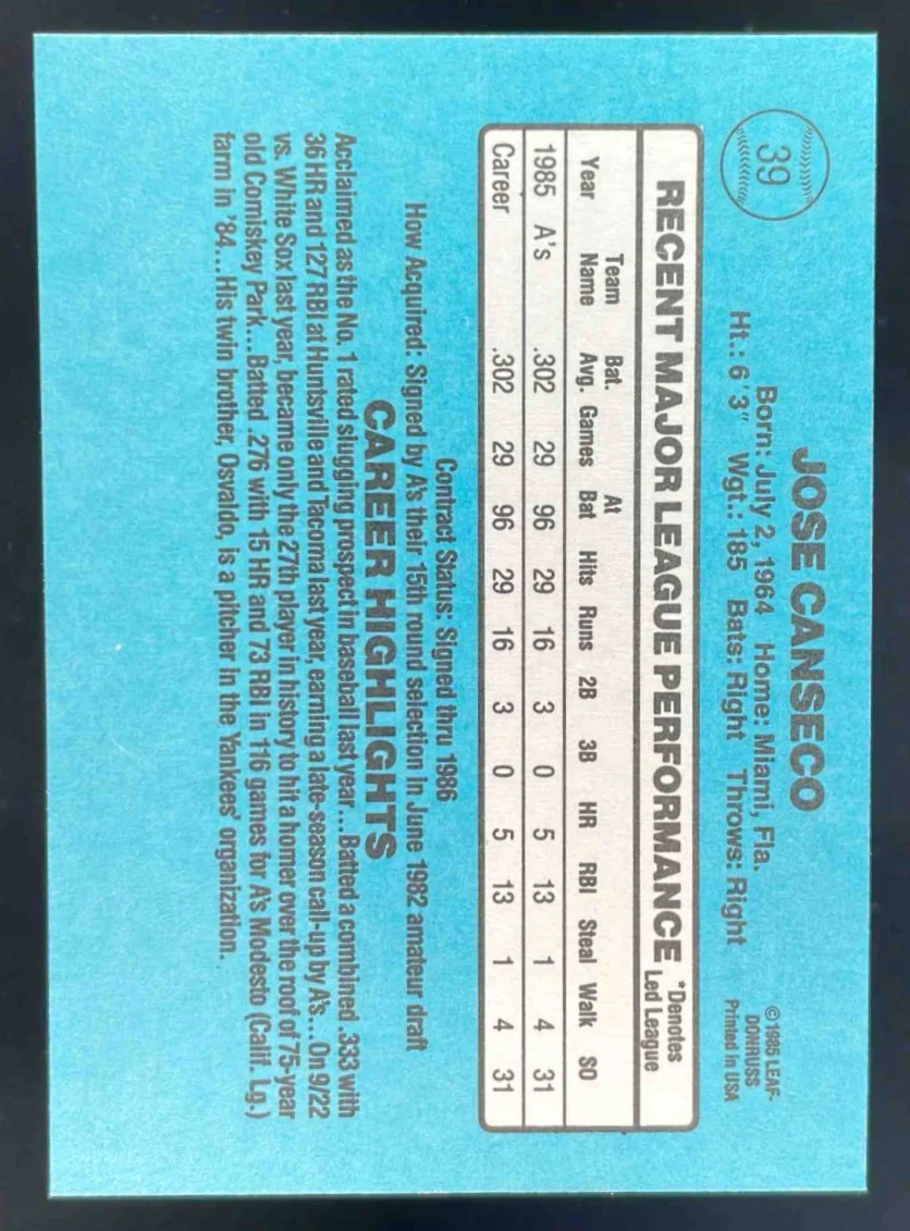 1986 Donruss #39 Jose Canseco RC - Image 2