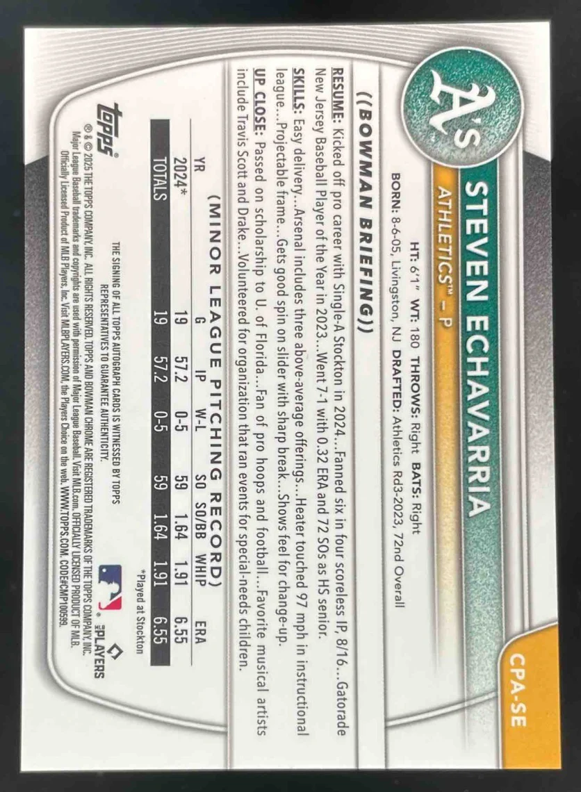 2025 Bowman Chrome Autographs #CPA-SE Steven Echavarria RC Prospect Auto - Image 2