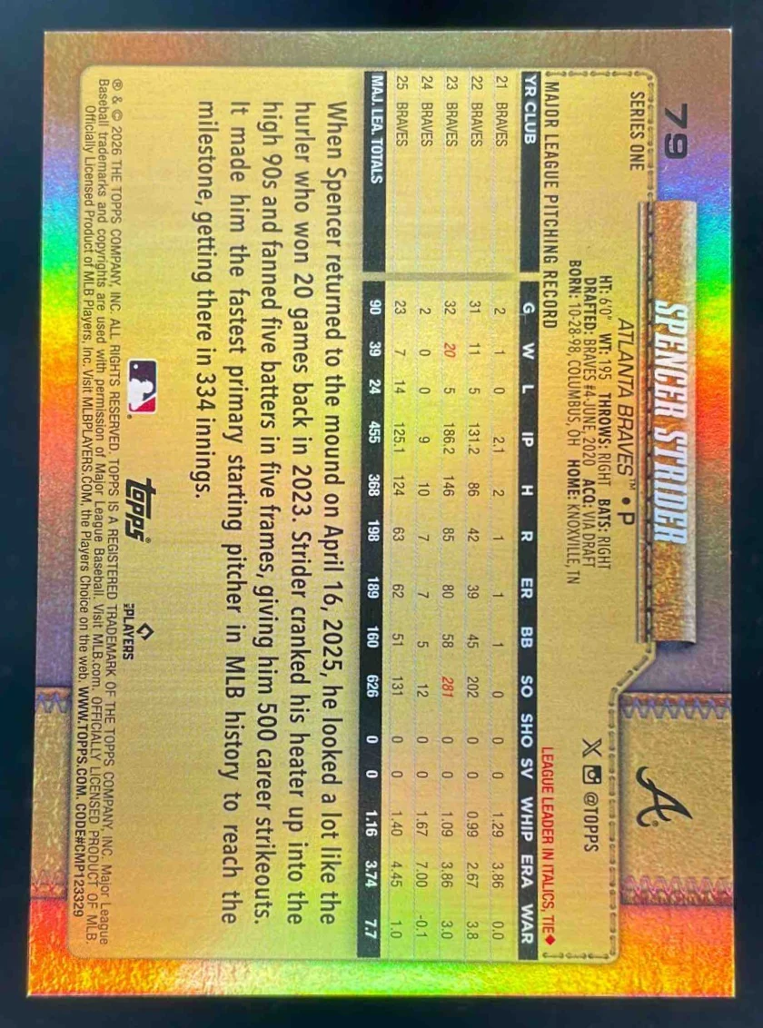 2026 Topps Golden Mirror Variation SSP #79 Spencer Strider - Image 2