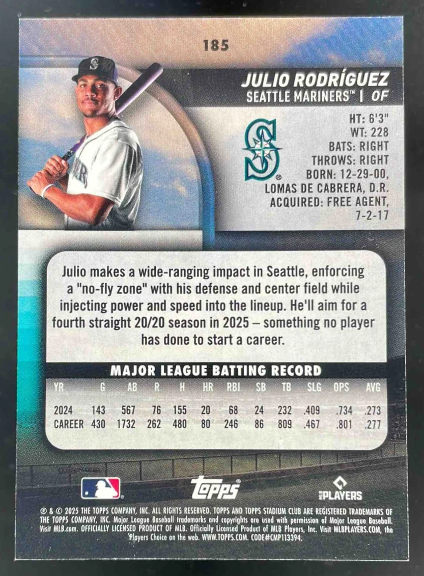 2025 Topps Stadium Club Members Only #185 Julio Rodriguez - Image 2