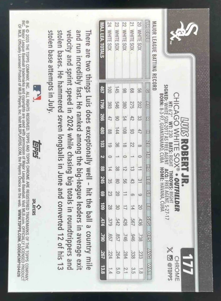 2025 Topps Chrome Red Lava Refractor #177 Luis Robert Jr. /5 - Image 2