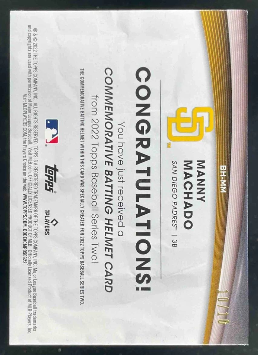 2022 Topps Batting Helmet Commemorative Relic #BH-MM Manny Machado /10 - Image 2