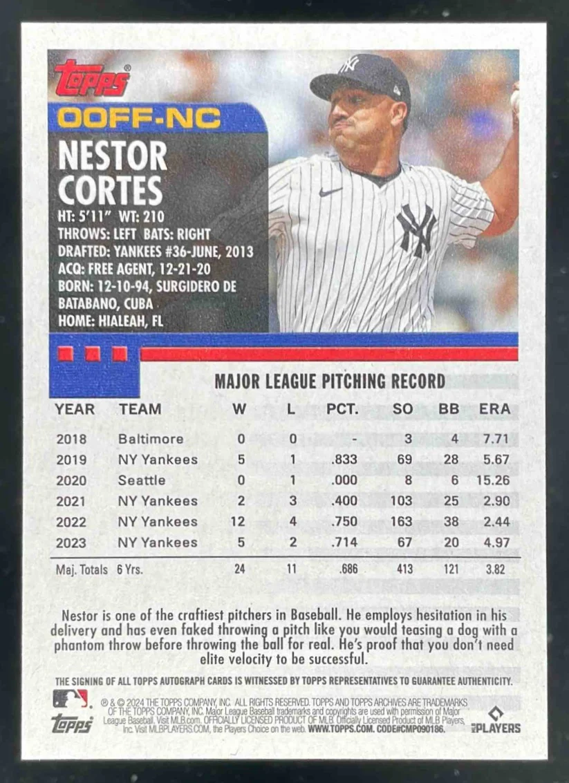 2024 Topps Archives 2000 Fan Favorites Autographs #00FF-NC Nestor Cortes Auto - Image 2