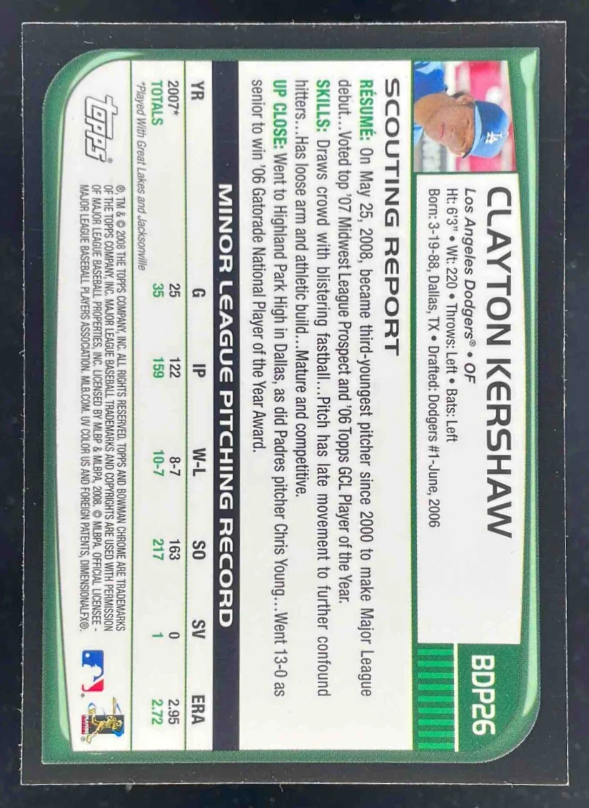 2008 Bowman Draft Picks & Prospects Chrome #BDP26 Clayton Kershaw RC - Image 2