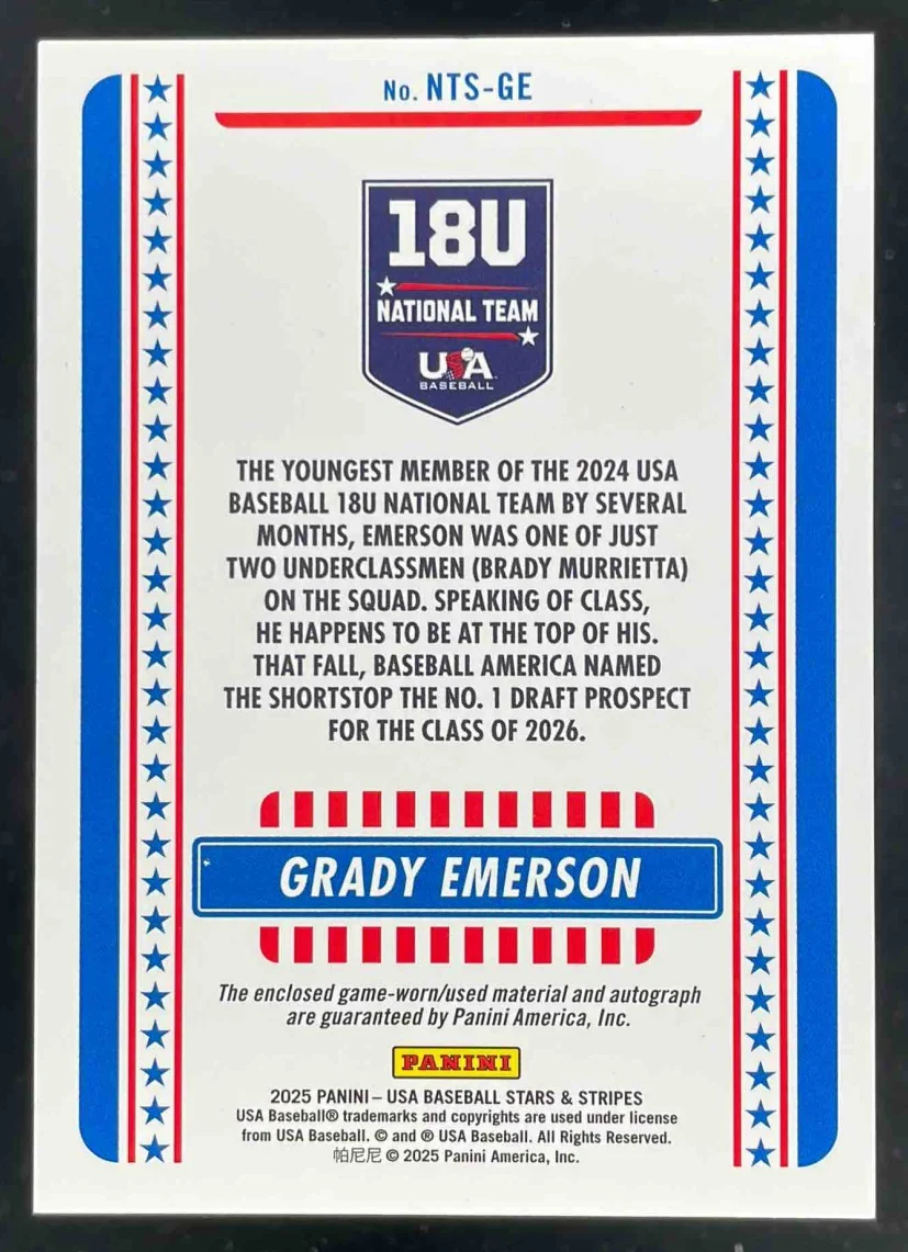 2025 USA Baseball Stars and Stripes National Team #NTSGE Grady Emerson Auto /199 - Image 2