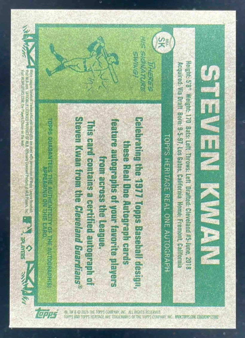 2026 Topps Heritage Real One Special Edition Red Ink #ROASK Steven Kwan Auto /77 - Image 2