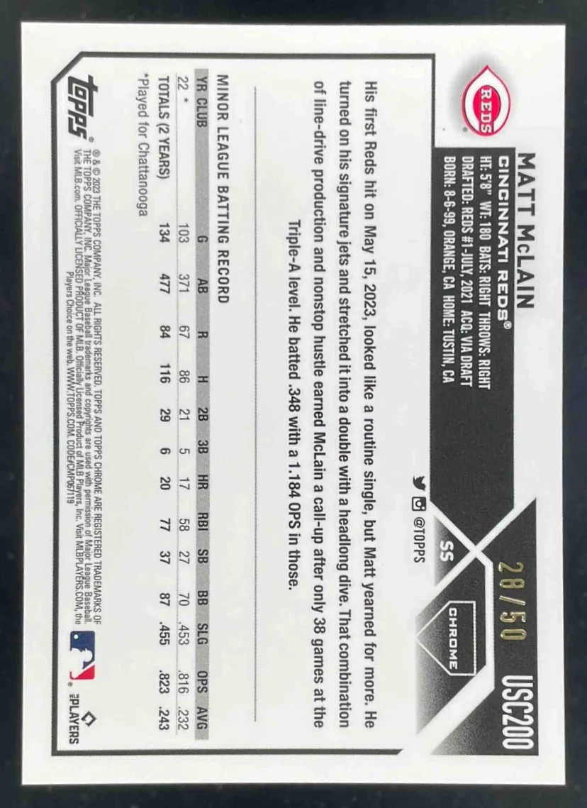 2023 Topps Chrome Update Gold Refractor #USC200 Matt McLain RC /50 - Image 2
