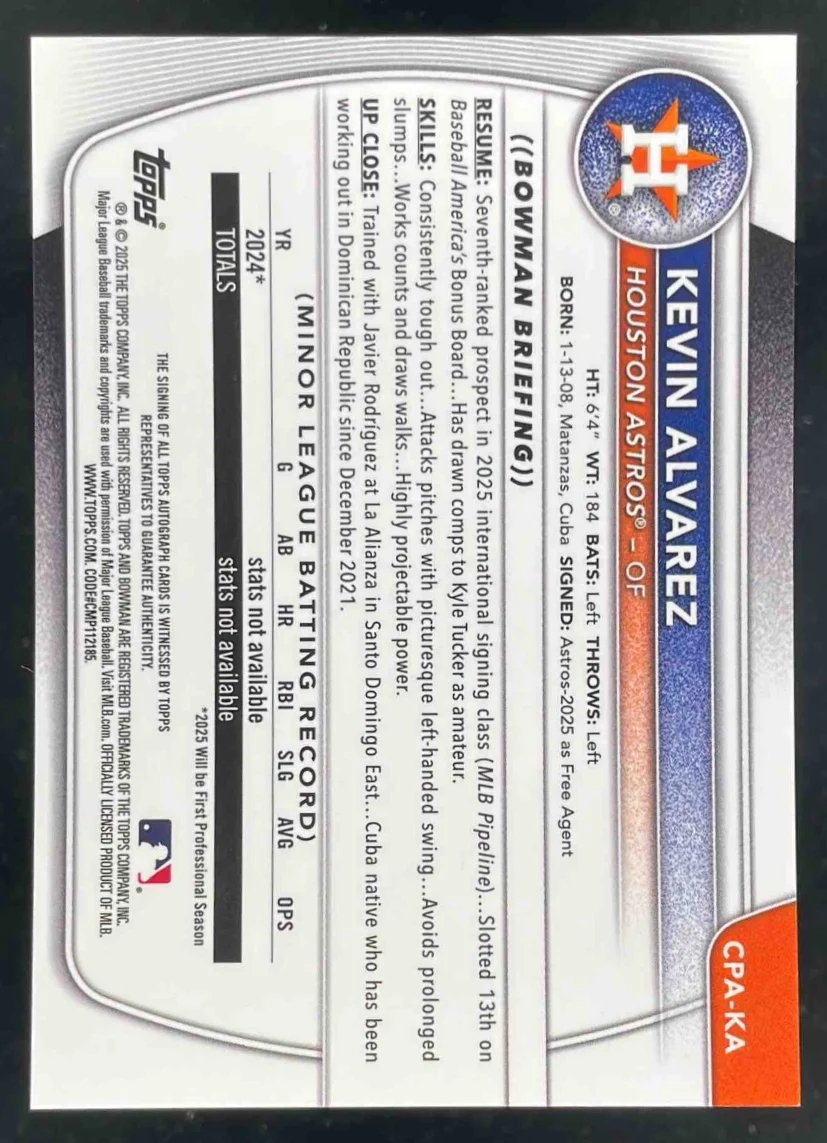 2025 Bowman Chrome Chrome Autograph #CPA-KA Kevin Alvarez RC Prospect Auto - Image 2