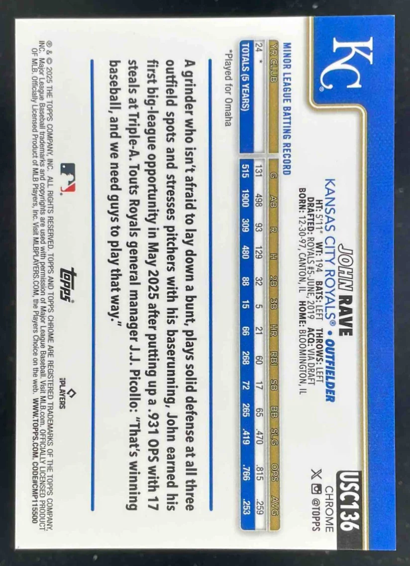 2025 Topps Chrome Update Sapphire Black Refractor #USC136 John Rave RC /10 - Image 2