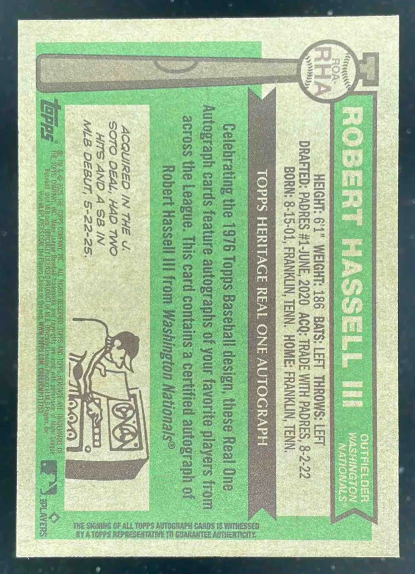 2025 Topps Heritage High Number Real One #ROA-RHA Robert Hassell III RC Auto - Image 2
