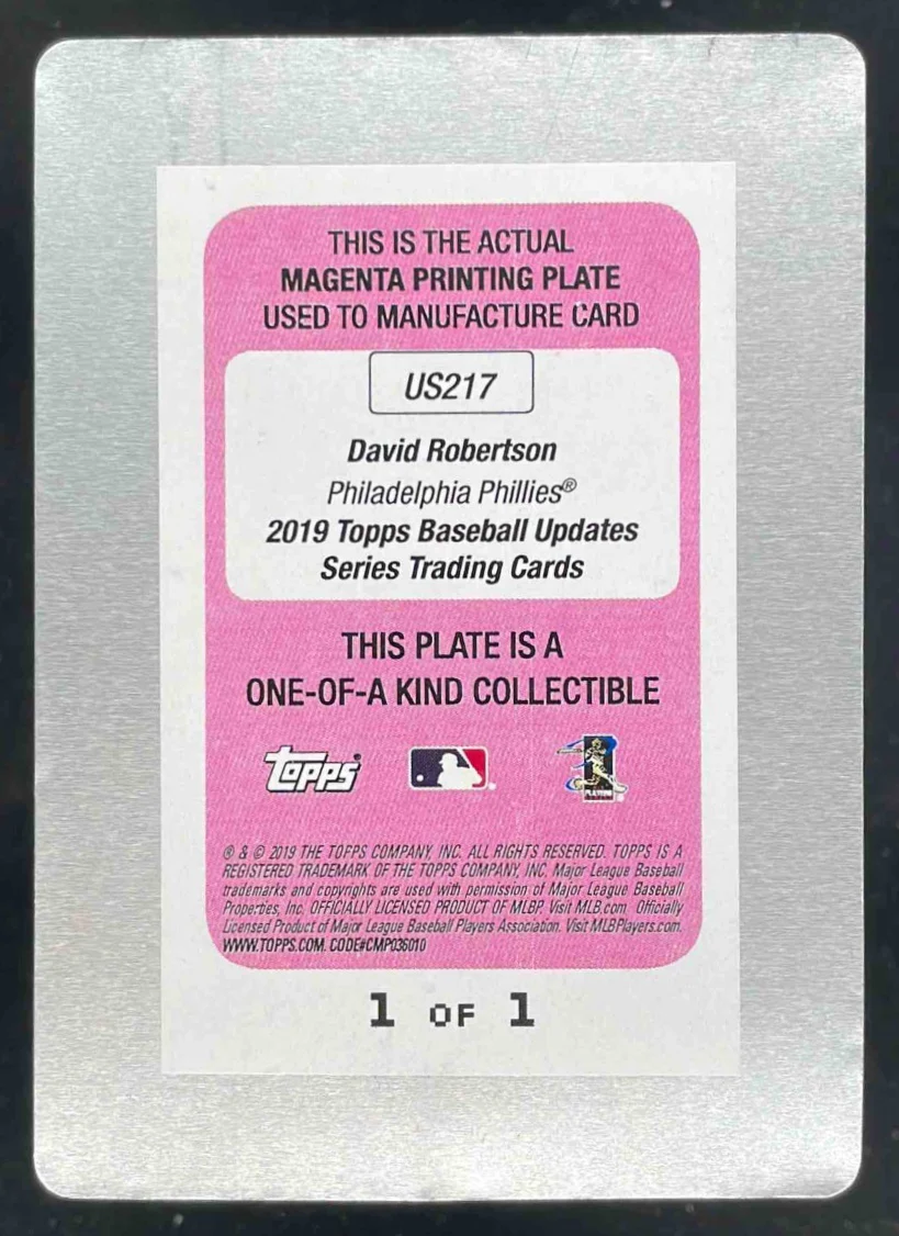 2019 Topps Update Printing Plates Magenta #US217 David Robertson 1/1 - Image 2