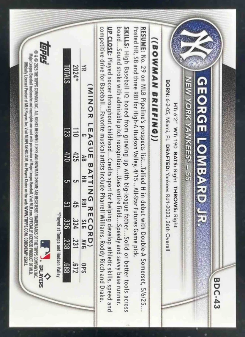 2025 Bowman Draft Chrome Gold Refractor #BDC-43 George Lombard Jr. /50 - Image 2