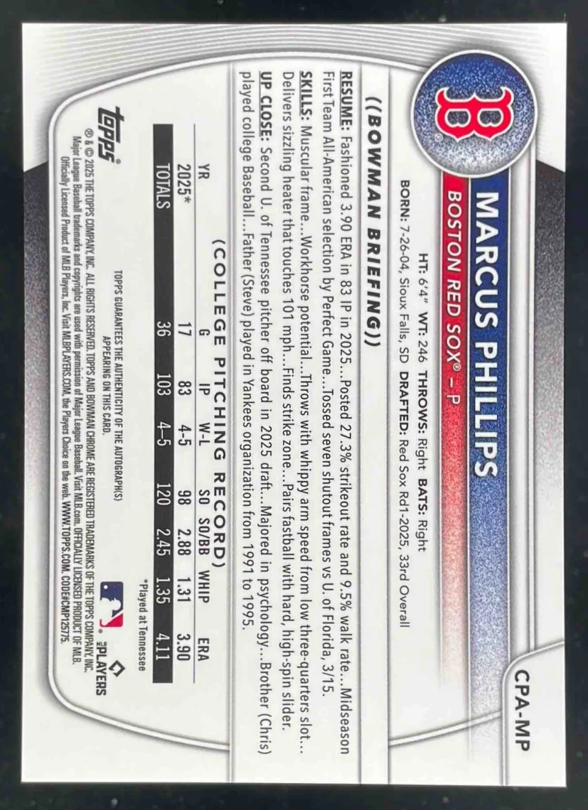 2025 Bowman Draft Chrome Prospect Autograph #CPA-MP Marcus Phillips RC Auto - Image 2
