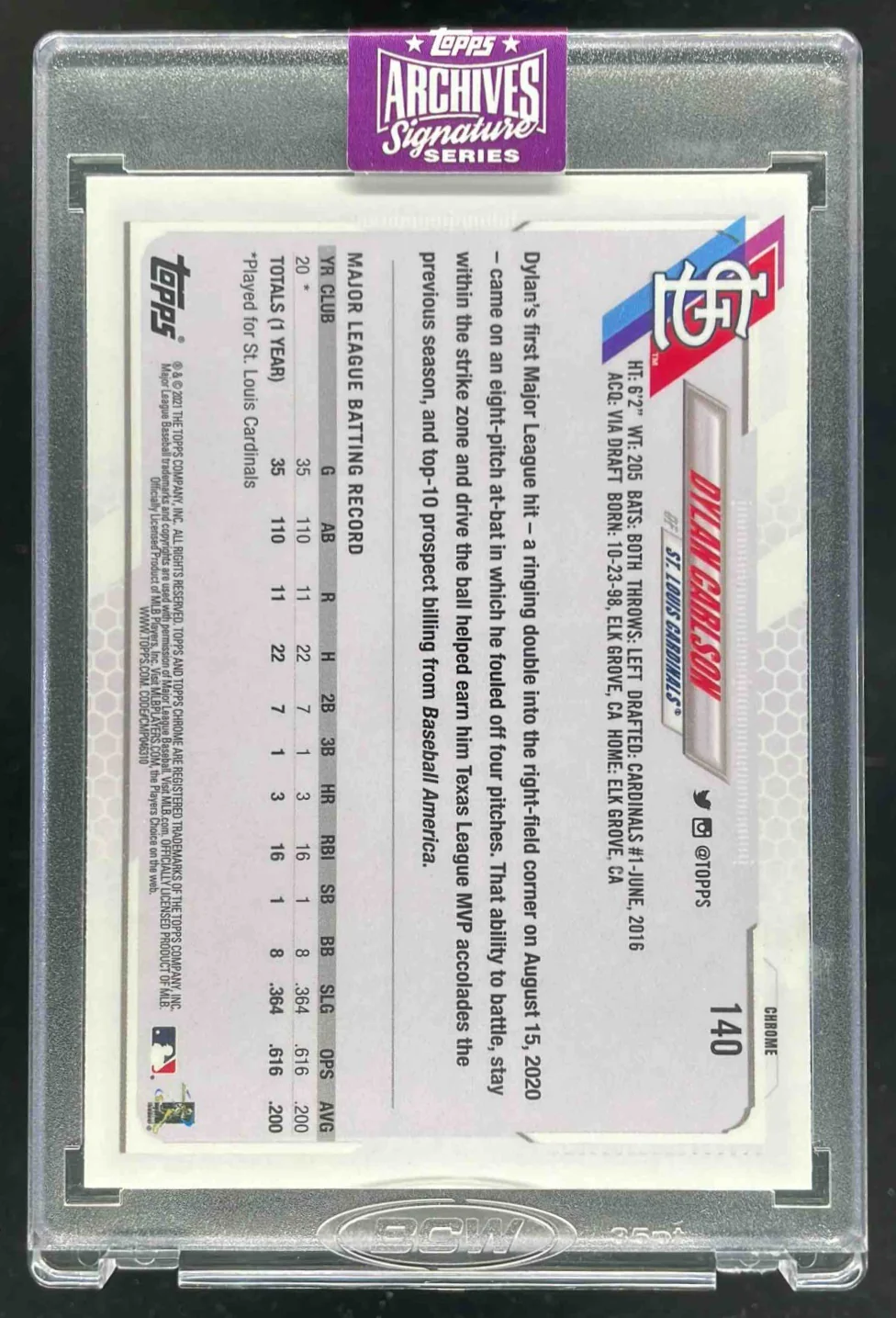2025 Topps Archives Signature Series Autograph Dylan Carlson Auto /60 - Image 2
