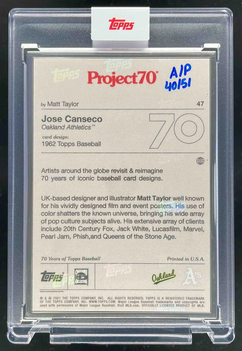2021 Topps Project70 Artist Proof Silver Frame #47 Jose Canseco /51 - Image 2