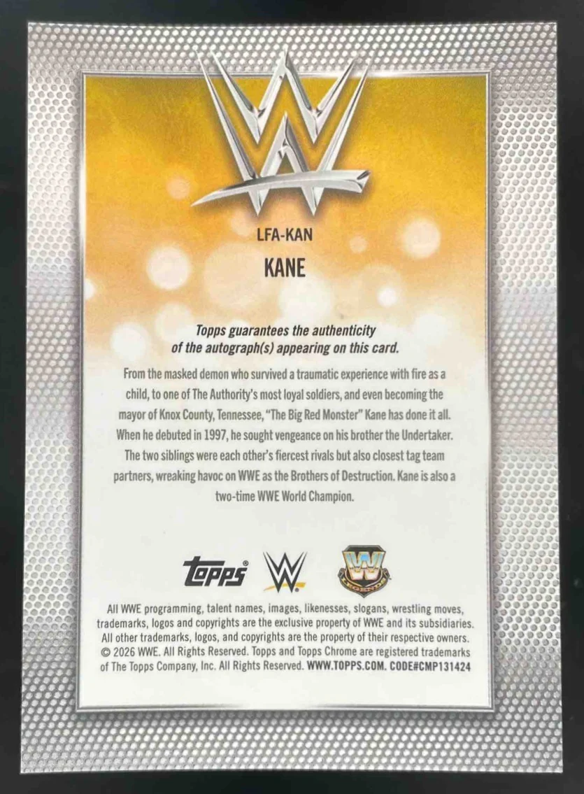 2026 Topps Chrome WWE Logofractor Logofractor Orange #LFA-KAN Kane Auto /25 - Image 2