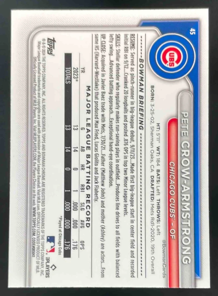 2024 Bowman Chrome Sapphire Yellow #45 Pete Crow-Armstrong RC /75 - Image 2