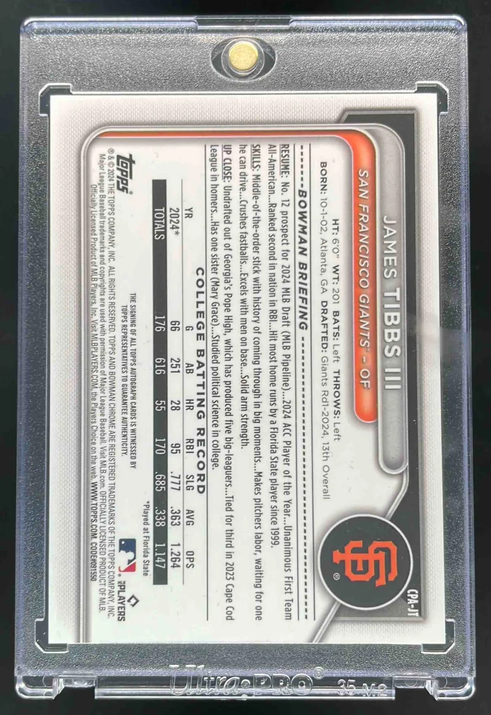 2024 Bowman Draft Chrome Aqua Lava #CPA-JT James Tibbs III RC Auto /199 - Image 2