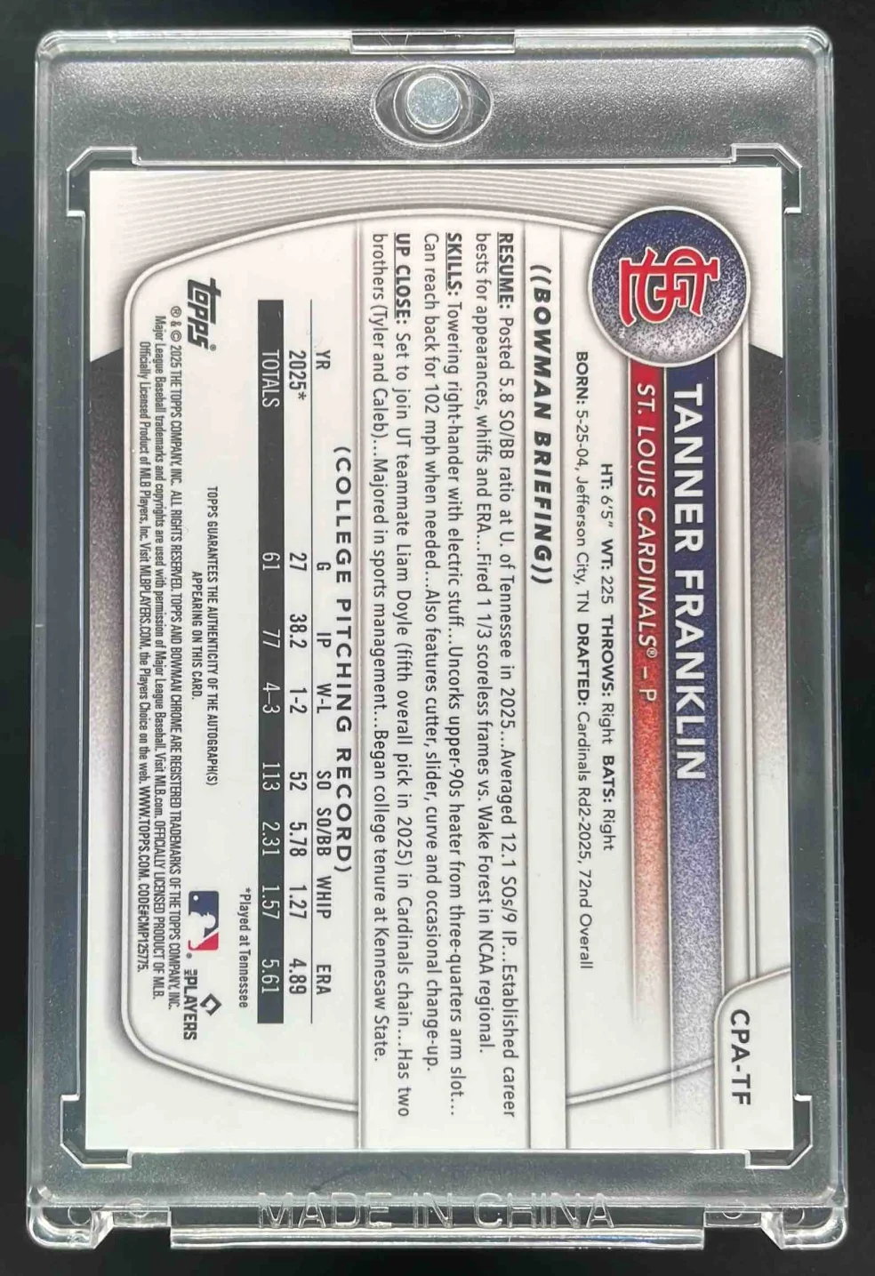 2025 Bowman Draft Chrome Gold #CPA-TF Tanner Franklin RC Auto /50 - Image 2
