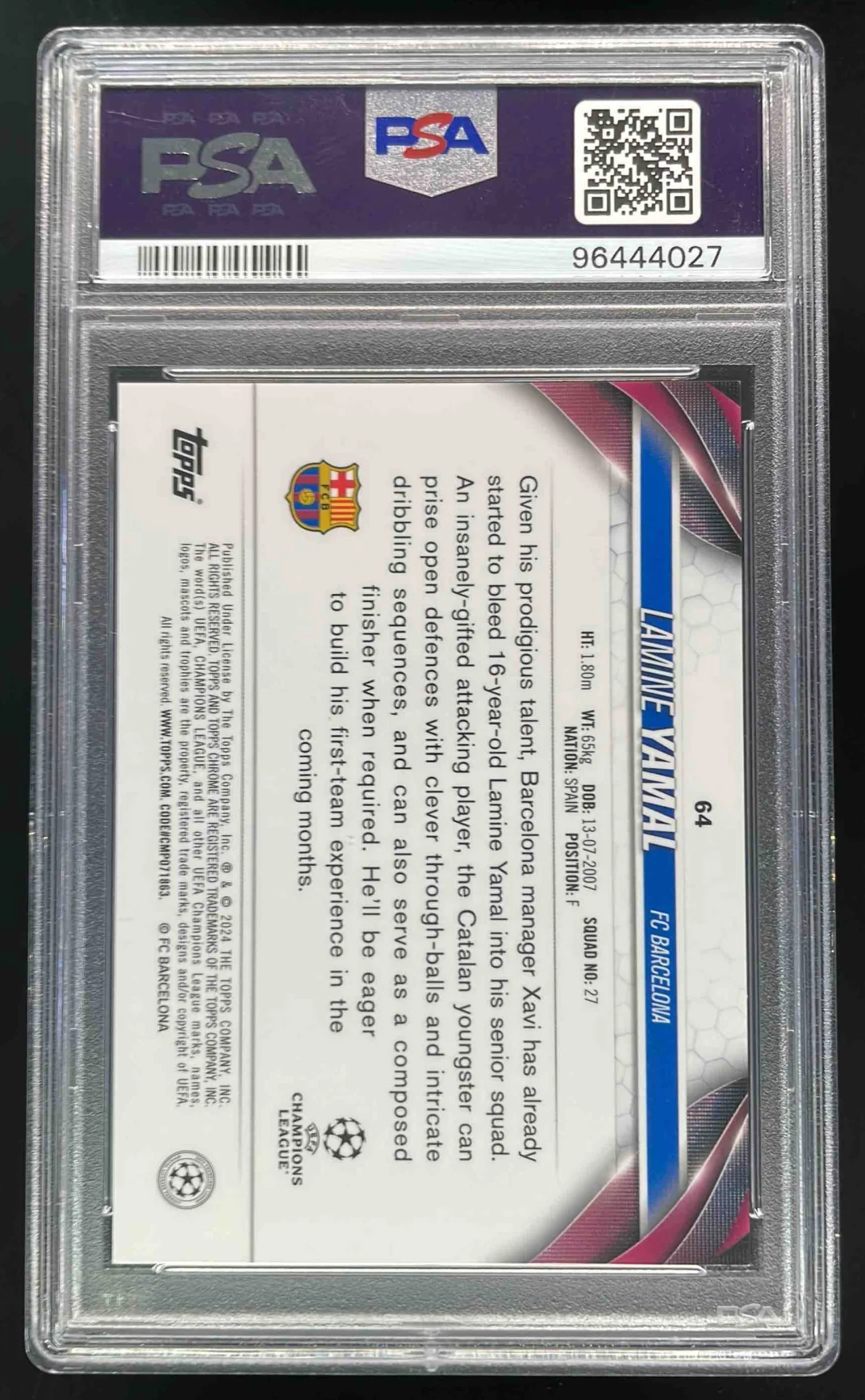 2023 Topps Chrome UCC Hero Variation #64 Lamine Yamal RC Rookie PSA 9 - Image 2
