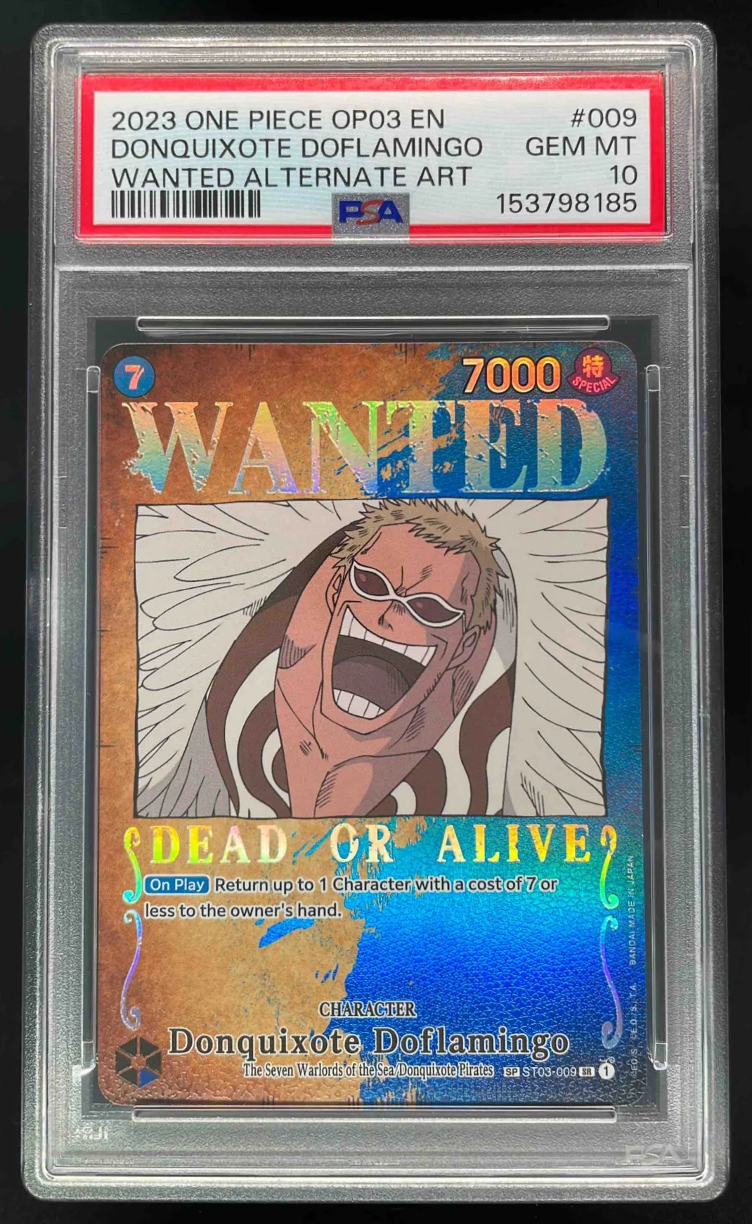 2023 One Piece OP03 EN #009 Donquixote Doflamingo Wanted Alternate Art PSA 10